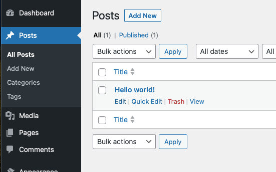 The Posts page in the WordPress admin.